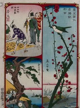 Above left, a man in Western dress observes a Japanese worker; below left, a figure on a balcony views Sugita bay through a telescope; right, a bird perched on a plum blossom branch, with Sugita bay in the background. Colour woodcut by Kyōsai, with design on right by Mōsai (Yoshitora), ca. 1870.