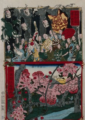 Above, a festival procession held on the fifth day of the fifth month; below, cherry blossoms at Koganu, west of Tokyo. Colour woodcut by Kyōsai, ca. 1870.