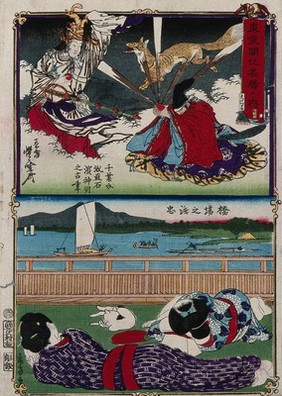 Above, two deities (?), one of whom is holding a red ball which has rays and the image of a fox emanating from it; below, two women lying on the grass with a cat, with the Hashiba ferry seen crossing the Sumida river between Asakusa and Mukōjima, in the background. Colour woodcut by Kyōsai, botom image by Mōsai (Yoshitora), ca. 1870.