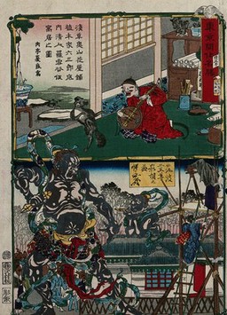 Above, Lo Xuegu(?), a Chinese painter, shown seated in front of his artist's materials, playing a lute-like instrument and singing, while his dog dances; below, an attempt to photograph a Niō (Buddhist diety), who is watched with amusement by a fellow Niō. Colour woodcut by Kyōsai, ca. 1870.