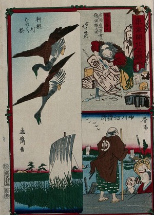 view Left, two ducks flying over a boat on the Ton[229]e River; above right, a carver chiseling Buddhist sculptures; below right, A man holding a staff stands at a gatehouse (bansho) on the Nakagawa river. Colour woodcut by Kyōsai, with left design by Mōsai (Yoshitora), ca. 1870.