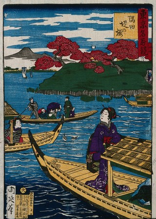 The cherry trees of the Sumida embankment; a ferry conveys passengers from the city on the west bank; two women in the foreground are entertainers/prostitutes; the mountain in the distance is Mount Tsukuba. Colour woodcut by Chikanobu.