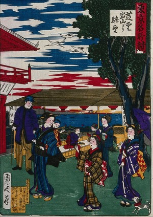 view A view from Shiba Atago-yama: a shrine with a garden. Colour woodcut by Chikanobu.