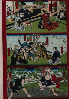 Three heroic scenes depicting military heroes and leaders from the sixteenth century, including Oda Nohinaga (third from the right in the central panel). Colour woodcut by Kuniri (?), 1883.