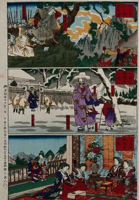 Three scenes from the history of legend: famous women depicted in each, including the empress leading troops in the top scene. Colour woodcut by Yokoyama Ryōhachi, 1883.