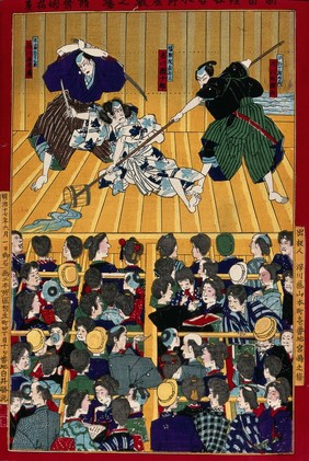 A kabuki theatre during a performance: three actors from the Ichikawa line perform a traditional play to an inattentive audience. Colour woodcut by Kuniume, 1884.