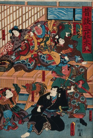 view Actors in a confrontational scene, in which the villain (Ichikawa Danjūrō VII) threatens a boy with a heated poker. Colour woodcut by Kunisada I, 1852.