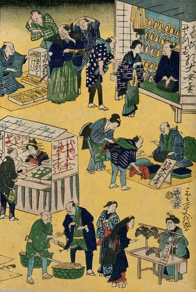 Japanese market scene: vendors are shown selling combs and hair ornaments, sandals, cloth, rice paste cakes and wigs. Colour woodcut by Shigenobu, 1865.