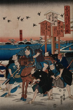 A samurai on horseback with his retainers ready to launch themselves into a fight; with a snowy urban scene behind. Colour woodcut by Kunimasa III, 1847/1850.