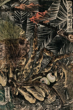 The four heroic retainers of Raikō (Yorimitsu) with flaming torches, about to kill the great earth spider in its web. Colour woodcut by Kunisada I, 1810s.