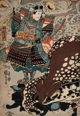 A samurai looks on as a giant frog runs over the menials. Colour woodcut by Kuniyoshi, 1847/1848.