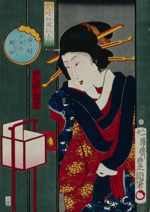 view Courtesan Mori Murasaki of the brothel Kimpei Daikoku in the New Yoshiwara (licensed quarters), slides open a screen and looks at her child attendant. Colour woodcut by Kunisada II, 1870.