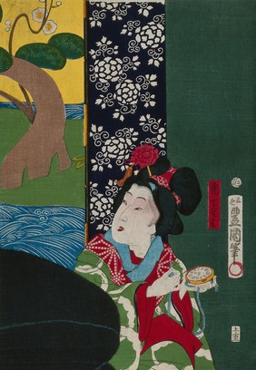 A child attendant for a courtesan in a brothel holds a western watch and looks towards the client. Colour woodcut by Kunisada II, 1870.