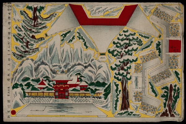 Snow-covered house and trees, to be cut out and assembled to create a three-dimensional model. Colour woodcut, ca. 1880.