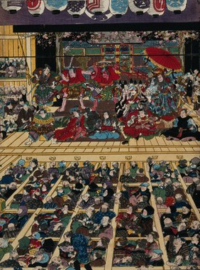 Interior of a Kabuki theatre while a performance is in progress. Colour woodcut by Kunisada I, 1858.