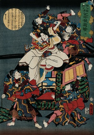 view Actors in role: mayhem as a woman travelling in a sedan chair is attacked by women warriors. Colour woodcut by Kunisada II, 1860.