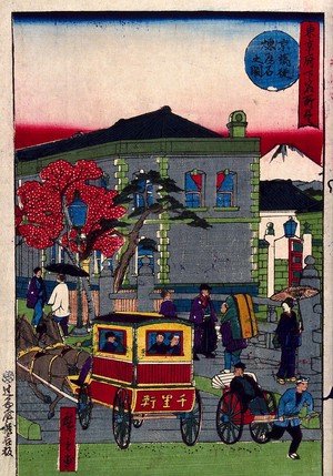 view A horse-drawn public carriage crosses Kyōbashi bridge in central Tokyo, towards Ginza: a rickshaw moves in the opposite direction; mount Fuji is visible in the background. Colour woodcut by Hiroshige III, 1874.