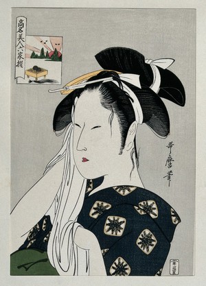 view A Japanese woman. Colour woodcut, 19--.