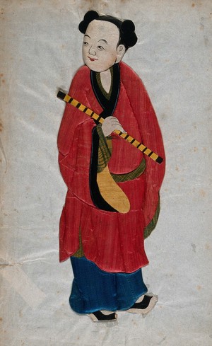 view A female Chinese musician with a flute. Collage of glued and stitched colored paper and stuffed silk by a Chinese craftsman/woman.