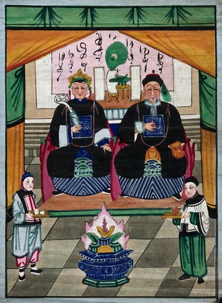 The Chinese Fox-Genius (Hu) with retainers bringing offerings. Gouache.