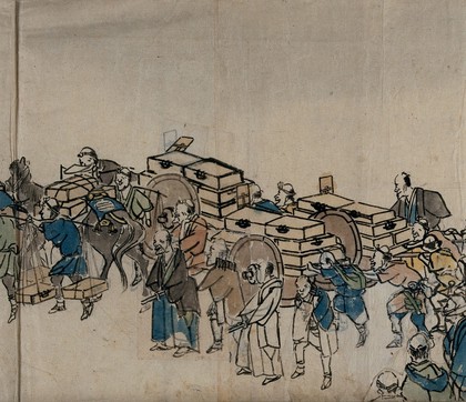 Porters and others in a convoy. Painting by Ōishi Matora.