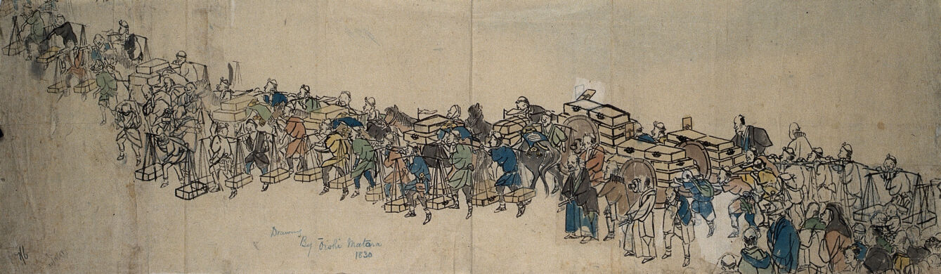 Porters and others in a convoy. Painting by Ōishi Matora.
