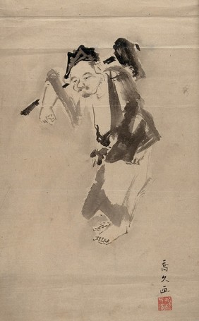 A Chinese man holding an axe. Painting by a Chinese painter.