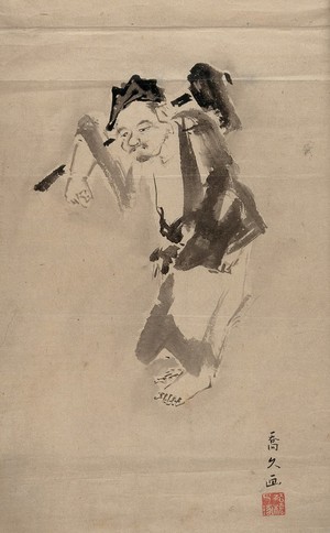 view A Chinese man holding an axe. Painting by a Chinese painter.
