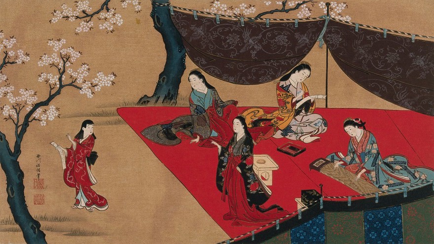 Five women outdoors on a red carpet under a canopy, writing verses about cherry-blossom, playing the shamisen etc. Colour woodcut.