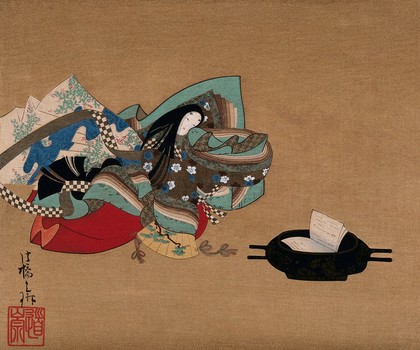 A woman (Ono no Komachi?) lies on a couch wrapped with multicoloured bedclothes; beside her, on the ground, a book (of her poems?) inside a lacquered jar with four handles. Colour woodcut.