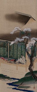 A balcony on the corner of a building: a person asleep; a tree in blossom and a stream nearby. Colour woodcut.