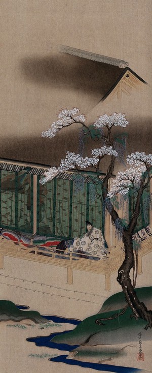 view A balcony on the corner of a building: a person asleep; a tree in blossom and a stream nearby. Colour woodcut.