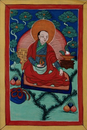 A Lohan or disciple of Buddha (?), holding a vase. Gouache.