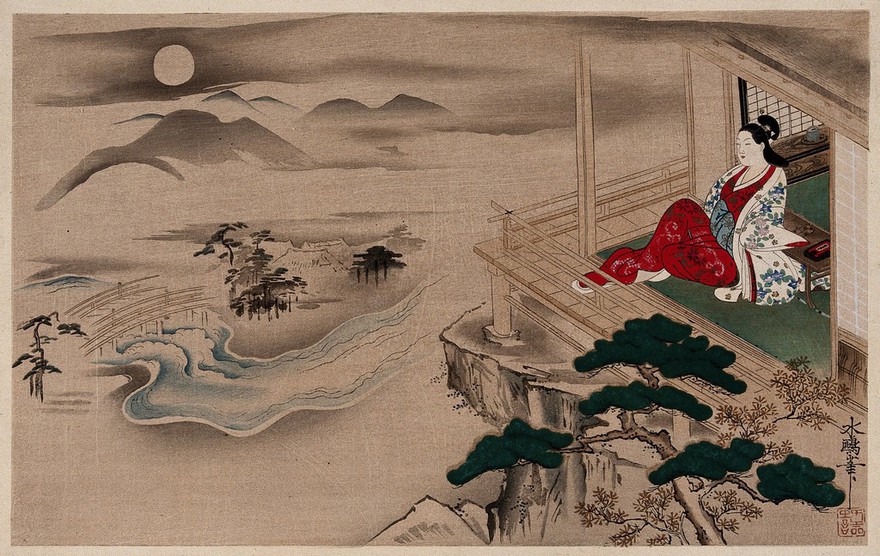 A woman looking out from a balcony over a landscape with a river. Colour woodcut after Suio Tamura.