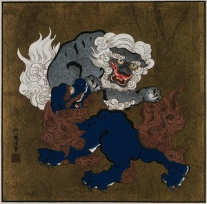 view Two lions snarling at each other. Colour process print after Sakai Hōitsu.