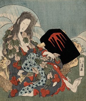 A wild mountain woman in a cloak of leaves seated by a rushing stream, behind her the head of a great axe, which belongs to her son Kintoki, the "child Hercules" of Japanese legend. Colour woodcut, 188-(?) after Hokkei, 182-.