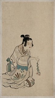 A Japanese woman seated and holding a branch of a flower with the flowers downwards. Watercolour, 18--.