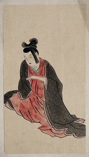 A Japanese woman seated. Watercolour, 18--.