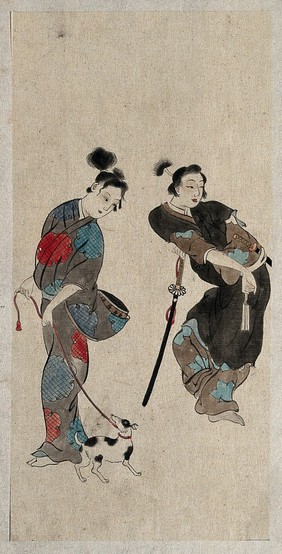 A Japanese woman taking a dog for a walk compared with an effeminate samurai. Watercolour, 18--.