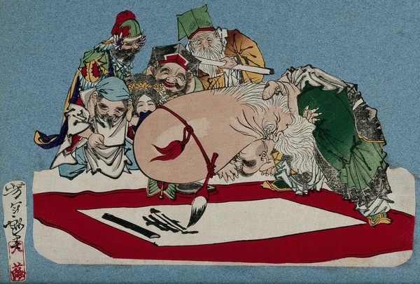 Six of the seven gods of good fortune look on as one of their number writes the character for longevity with a brush tied to his elongated, bald head. Colour woodcut by Yoshitoshi, 1870s.