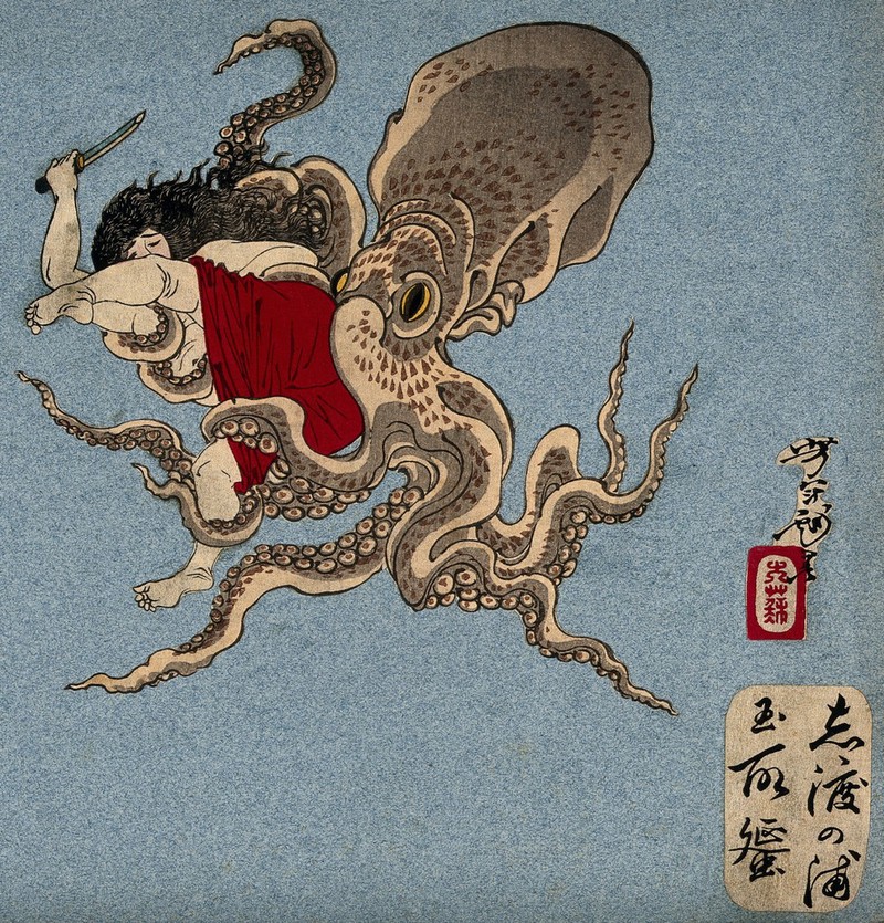 A woman abalone diver wrestling with an octopus. Colour woodcut by