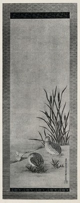 Two quails and a duck on the edge of a lake or river with wheat. Process print after Tosa Mitsusada.