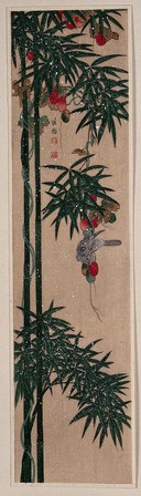A birds eating grapes from vines entwined around a bamboo plant. Colour woodcut by K. Egawa after Ryuryukyo Shinsai.