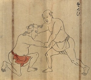 view A Japanese wrestling position. Woodcut by a Japanese artist.