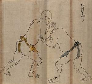 view A Japanese wrestling position. Woodcut by a Japanese artist.