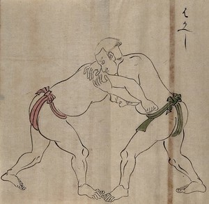 view A Japanese wrestling position. Woodcut by a Japanese artist.