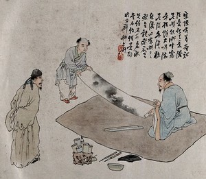 view Two figures roll out a scroll of paper with a landscape design on it, watched by a third. Gouache by a Chinese artist, ca. 1850.