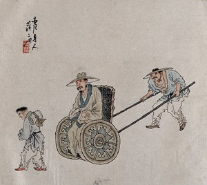 view A figure is pushed in a wheelchair. A painting by a Chinese artist, ca. 1850.