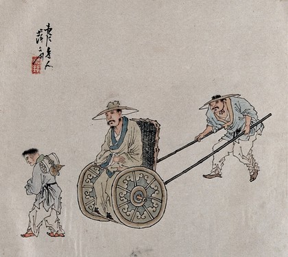 A figure is pushed in a wheelchair. A painting by a Chinese artist, ca. 1850.