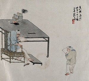 view Two figures read from books, one of them seated on a cane chair. A painting by a Chinese artist, ca. 1850.